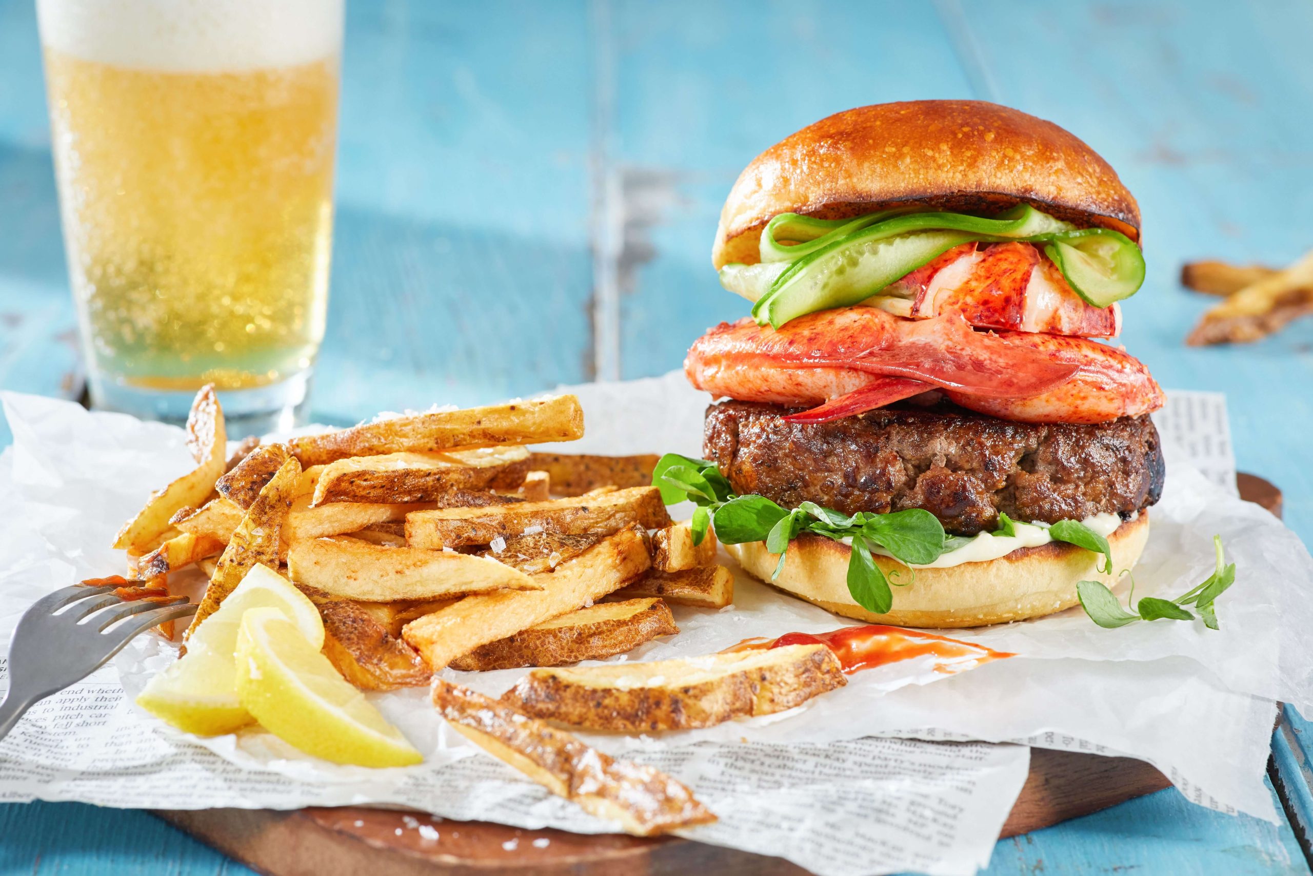 Surf n Turf Lobster and Beef Burger with Crispy Oven Fries