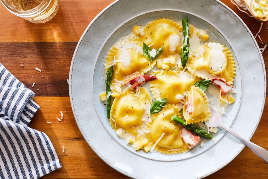 Lobster Ravioli in a Sweet Corn and Asparagus Cream Sauce