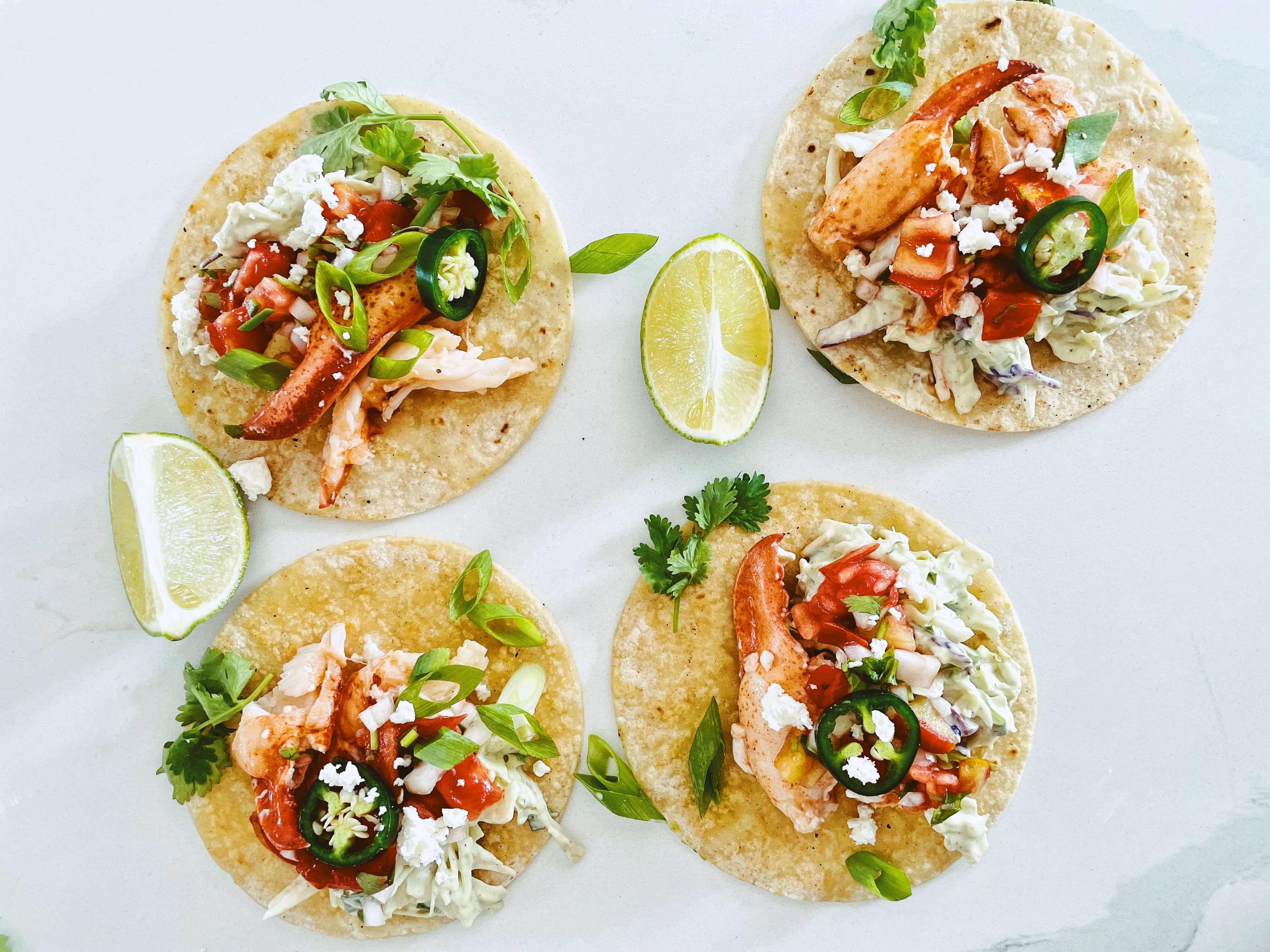 Lobster Tacos with Avocado Lime Crema and Pico De Gallo Lobster PEI